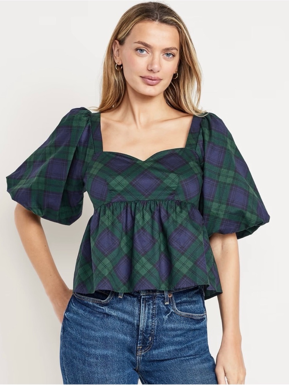 Old Navy Plaid Square-Neck Peplum Top in Green and Navy | XL | NWT
